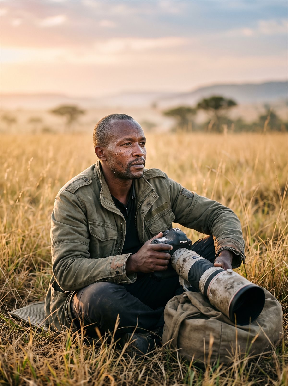 Idris Kamau sitting in the long grass of the Maasai Mara at first light, camera in hand, long lens resting on his pack